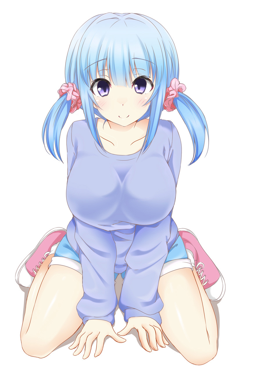 1girl, blue_eyes, blue_hair, blush, breasts, highres, kawasaki_keika, large_breasts, shorts, sitting, smile, solo, tagme, white_background, yahari_ore_no_seishun_lovecome_wa_machigatteiru., yuu_(oosakazaijyuu)