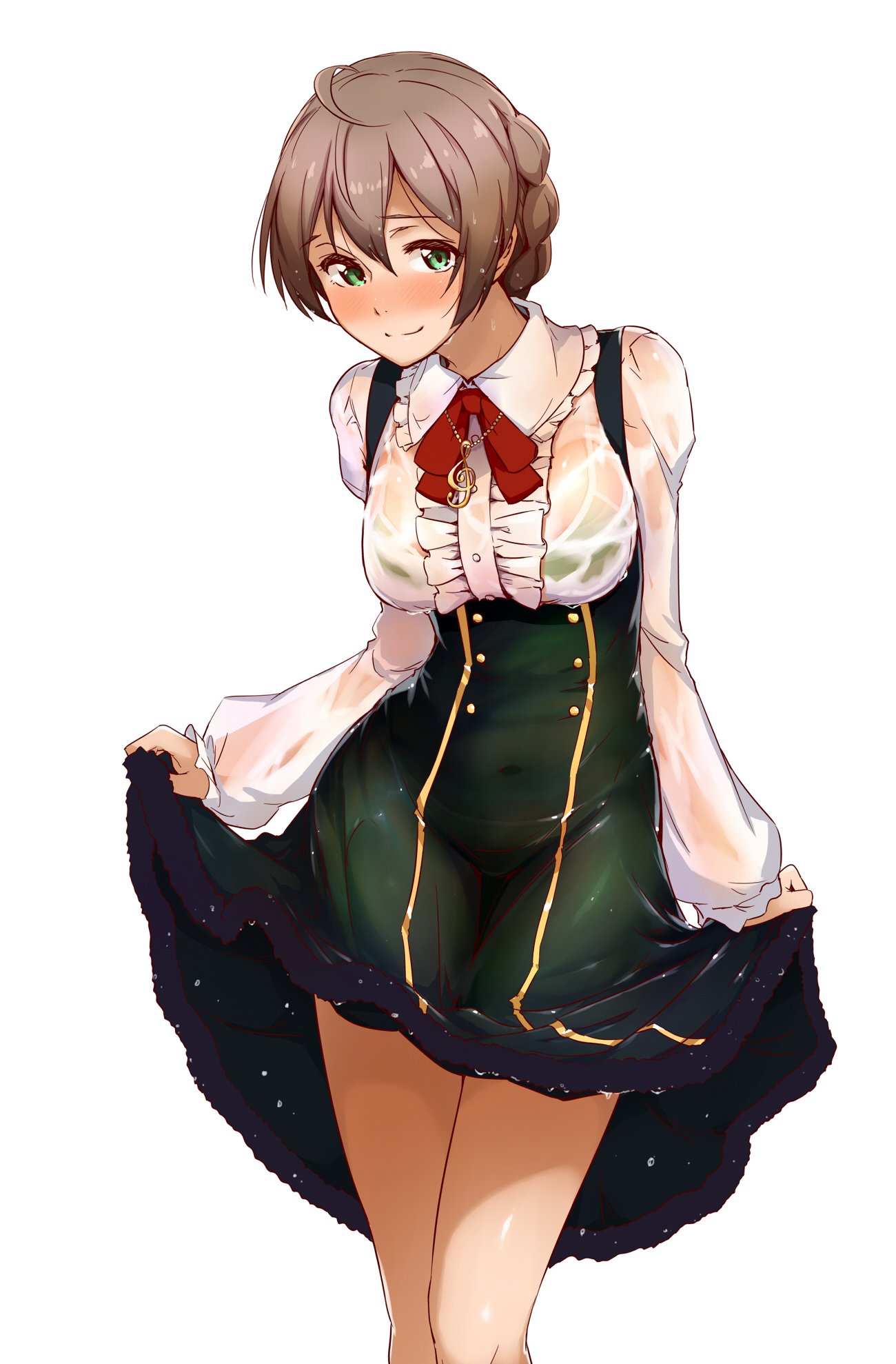 1girl, ahoge, bangs, black_dress, blush, bra, braid, breasts