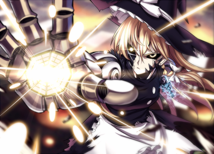 >:/, 1girl, :/, aiming, amputee, apron, artificial_eye, black_dress