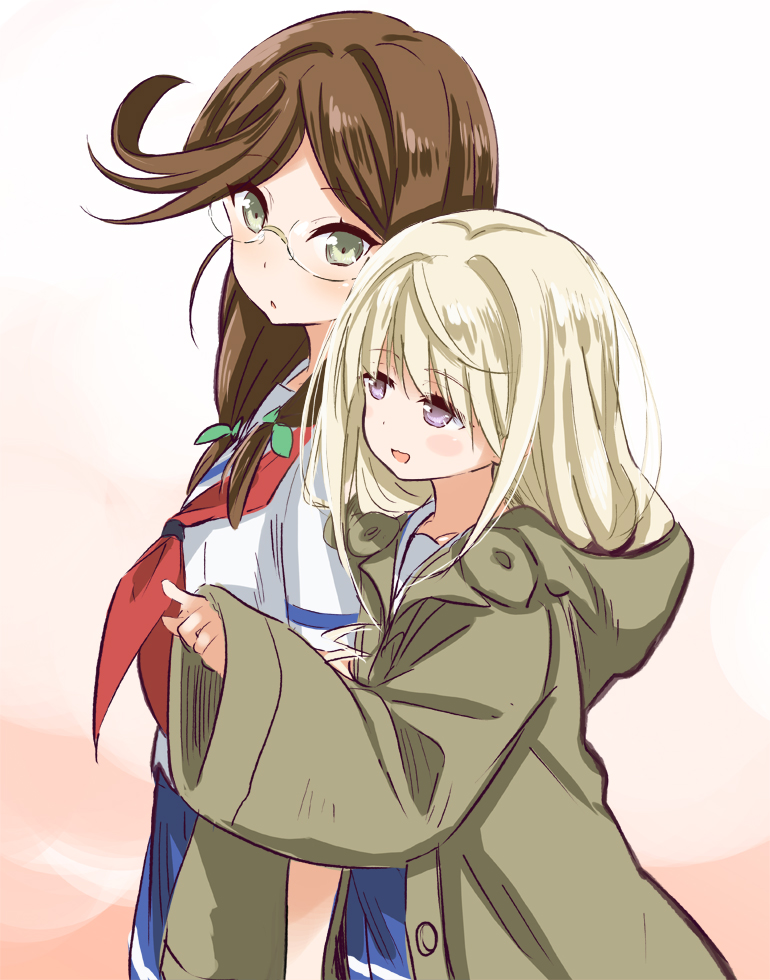 2girls, abe_kanari, blonde_hair, blue_skirt, brown_eyes, brown_hair, cowboy_shot, fujita_yui