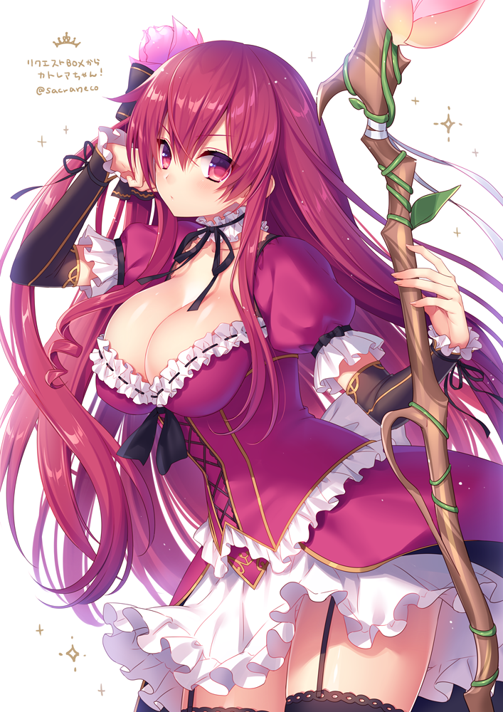 1girl, arm_up, arm_warmers, asymmetrical_breasts, bandage, bangs, black_legwear, black_ribbon