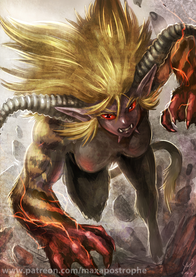 1girl, artist_name, blonde_hair, claws, clenched_teeth, eyebrows, fangs, horns, maxa', monster_girl, monster_hunter, muscle, muscular_female, pointy_ears, rajang, red_eyes, red_sclera, rubble, sidelocks, tail, teeth