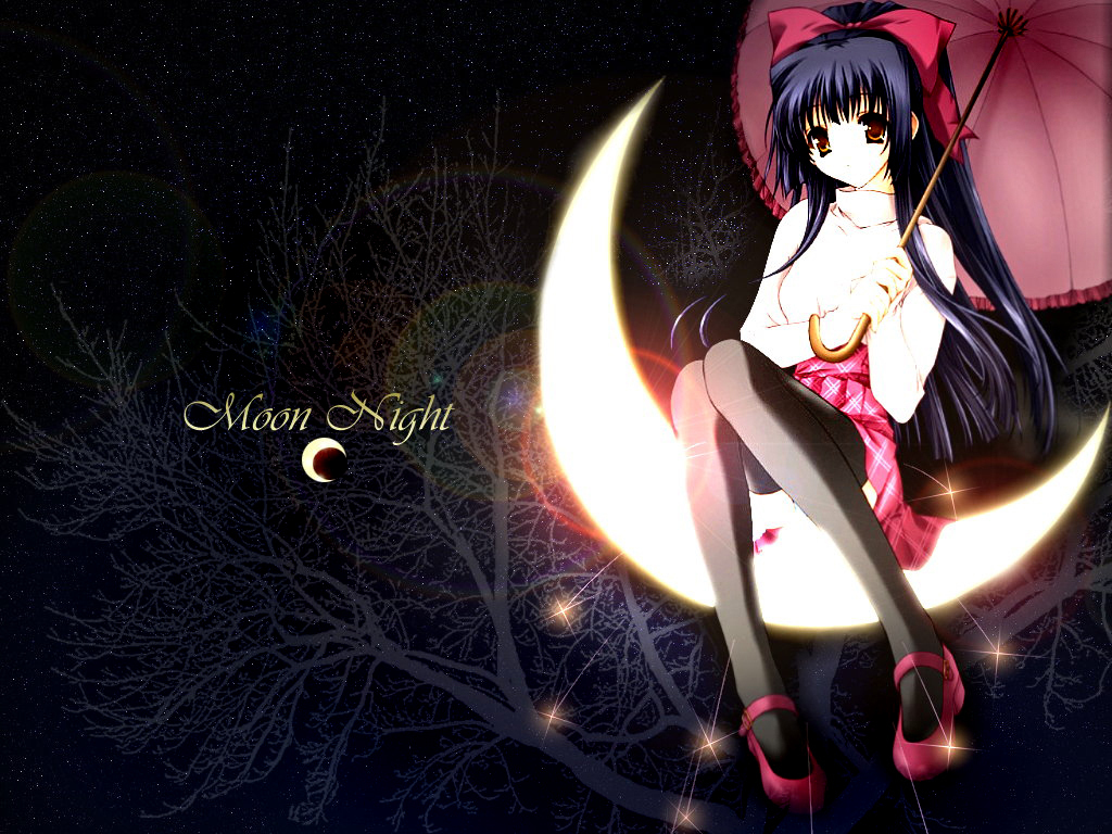 blue_hair, brown_eyes, cresent_moon, hair_bow, long_hair, moon_night, umbrella
