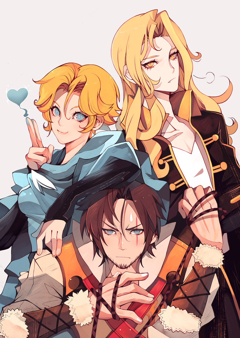 1girl, 2boys, alucard_(castlevania), annoyed, beard, blonde_hair, blue_eyes, brown_hair