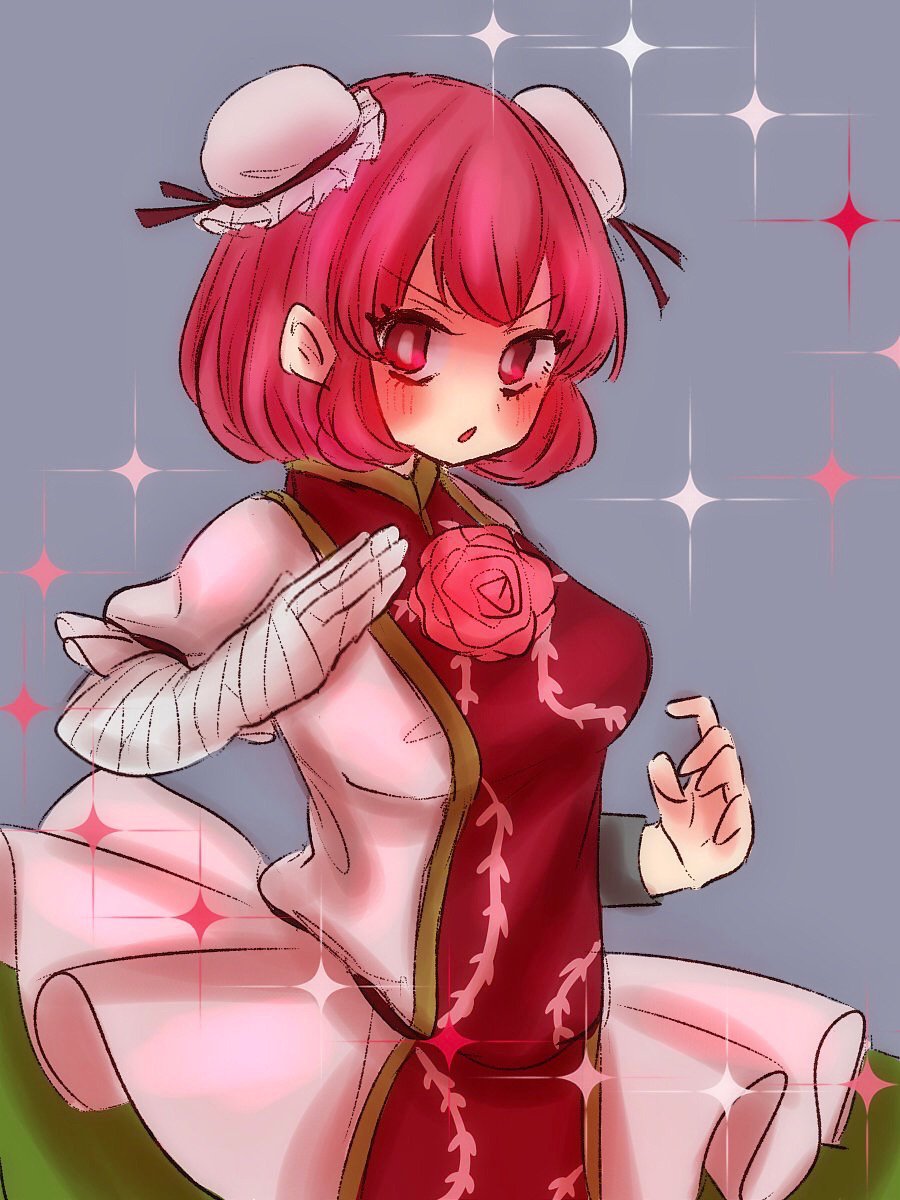 >:o, :o, bandage, bandaged_arm, blush, bun_cover, cuffs, dress, flower, fukufukupine, highres, ibaraki_kasen, pink_eyes, pink_hair, rose, short_hair, short_sleeves, sparkle, tabard, thorn_print, touhou