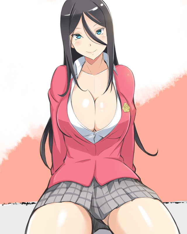 >:), 1girl, arm_support, black_hair, blazer, blue_eyes, blush, breasts