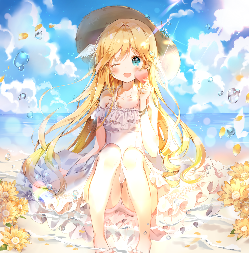 1girl, barefoot, beach, blonde_hair, blue_eyes, blush, collarbone, dohj00