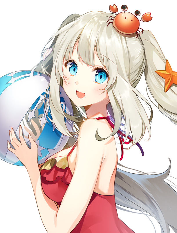 1girl, ball, beachball, blue_eyes, blush, breasts, crab, crab_on_head