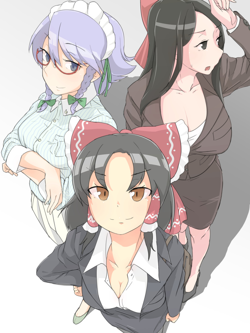 3girls, absurdres, black_eyes, black_hair, blue_eyes, blush, bow, breasts