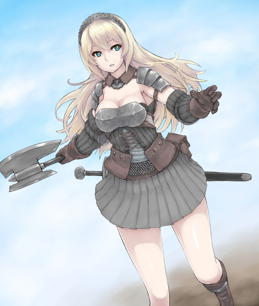angoha, armor, axe, blonde_hair, blue_sky, boobplate, boots, breasts