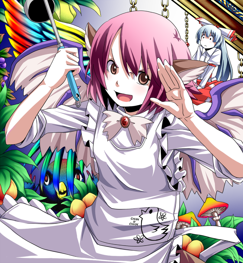 >:), animal_ears, apron, bird, brown_eyes, clothes_writing, fujiwara_no_mokou, hands, juushimatsu_juushoku, ladle, mushroom, mystia_lorelei, open_mouth, purple_hair, ribbon, salute, saya_(sayamendo), short_hair, smile, touhou, wings