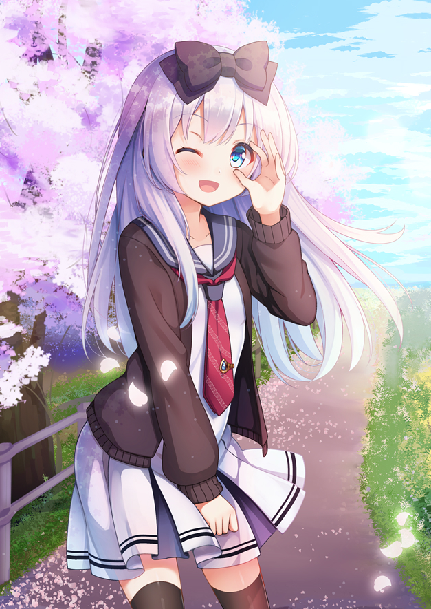 1girl, blue_eyes, blush, cardigan, cherry_blossoms, looking_at_viewer, one_eye_closed, original