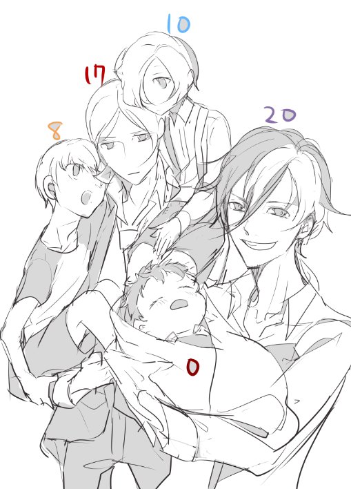 5boys, a_(xxxnulll), baby, child, greyscale, hair_between_eyes, hair_over_one_eye, kurusu_akira