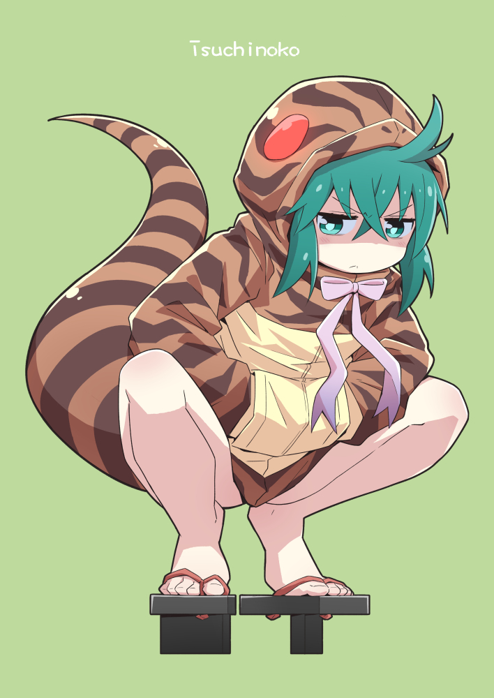 >:<, 1girl, aqua_eyes, aqua_hair, character_name, closed_mouth, geta, green_background
