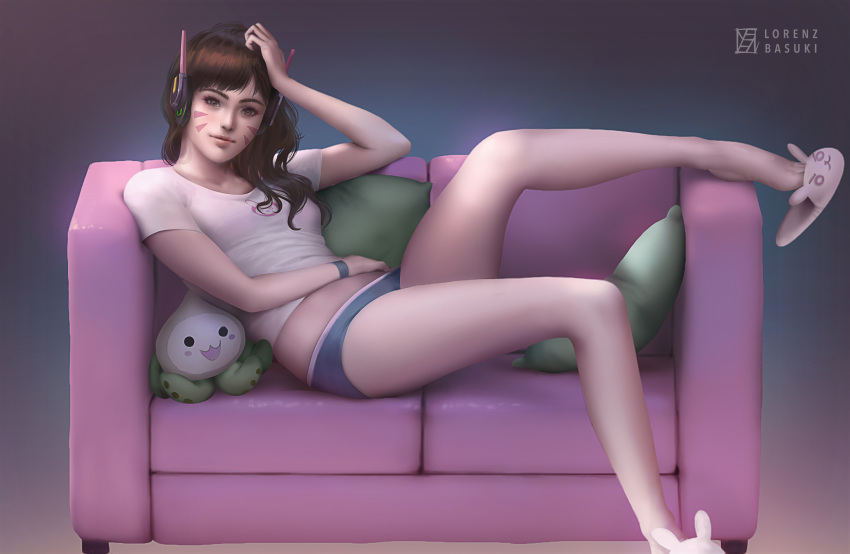>:3, 1girl, :3, animal_print, artist_name, blue_shorts, breasts, brown_eyes