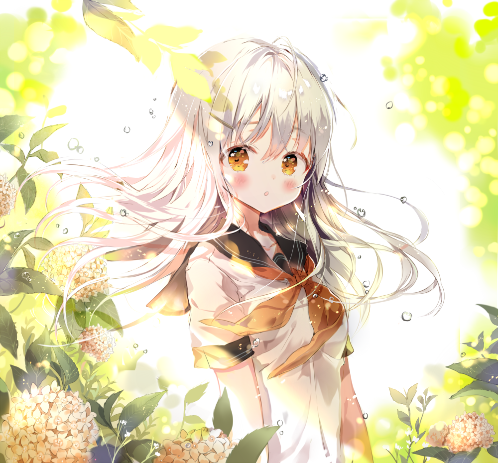 1girl, :o, ahoge, bangs, blush, commentary_request, dohj00, flower