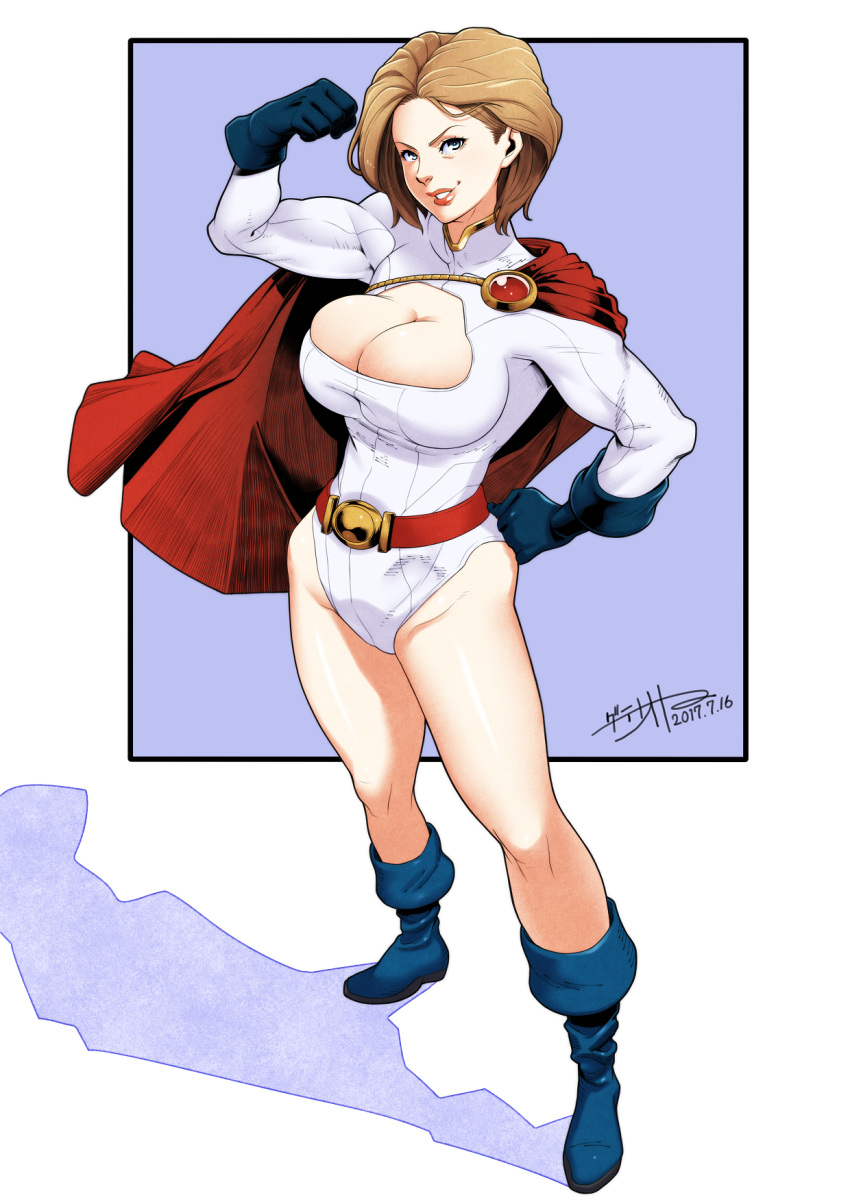 1girl, belt, boots, breasts, cape, date_naoto, dc_comics, gloves, highres, leotard, looking_at_viewer, muscle, power_girl, shadow, short_hair, superhero