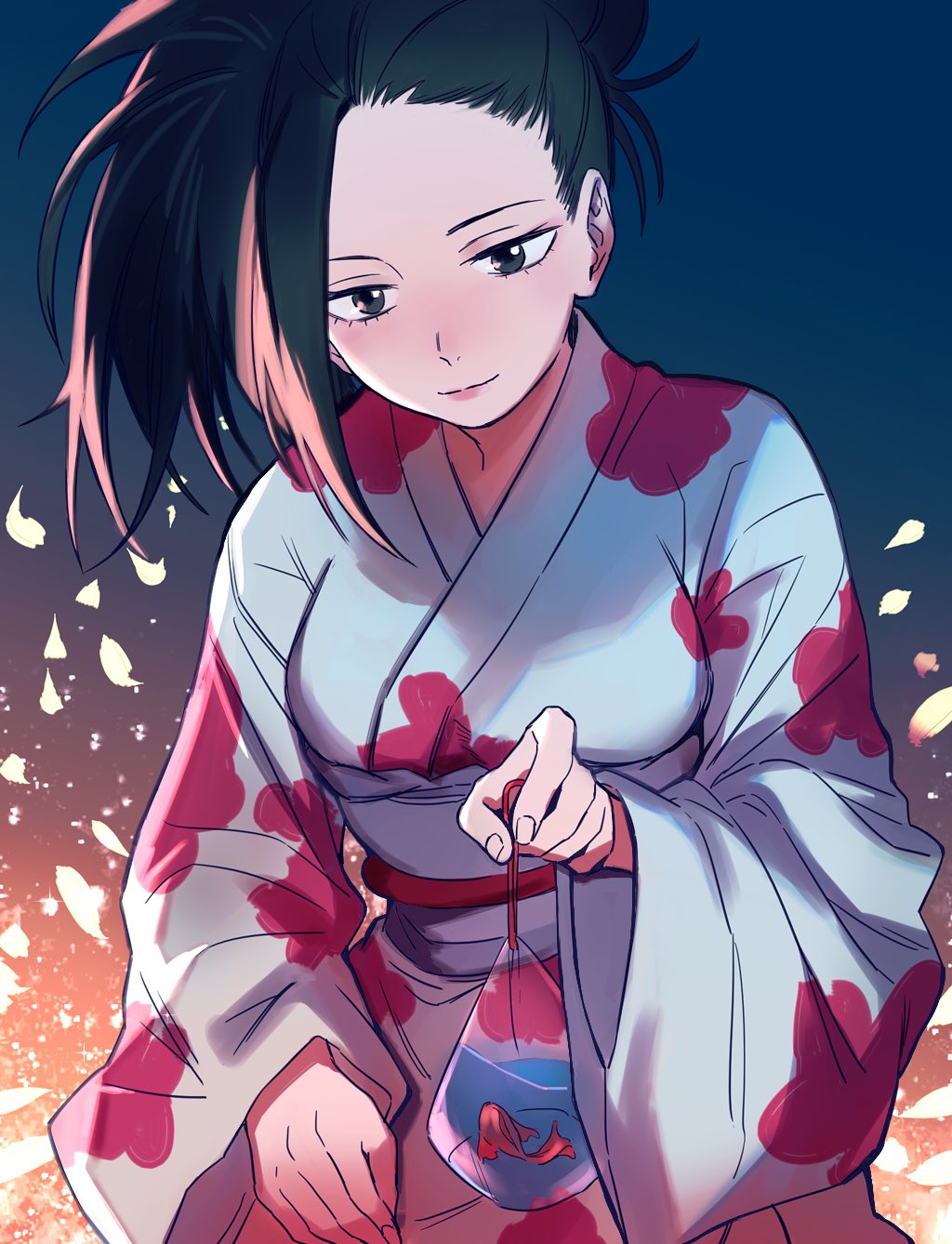 10s, 1girl, bag, black_eyes, black_hair, boku_no_hero_academia, fish, floral_print