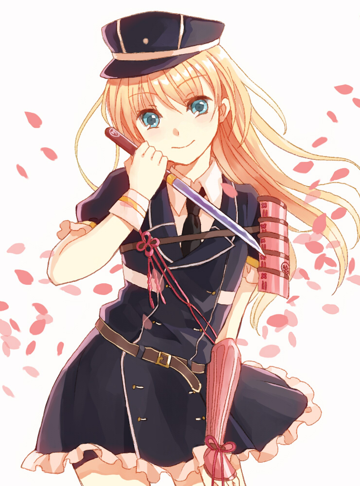 1boy, belt, black_hat, black_necktie, blonde_hair, blue_eyes, bracer, frilled_skirt