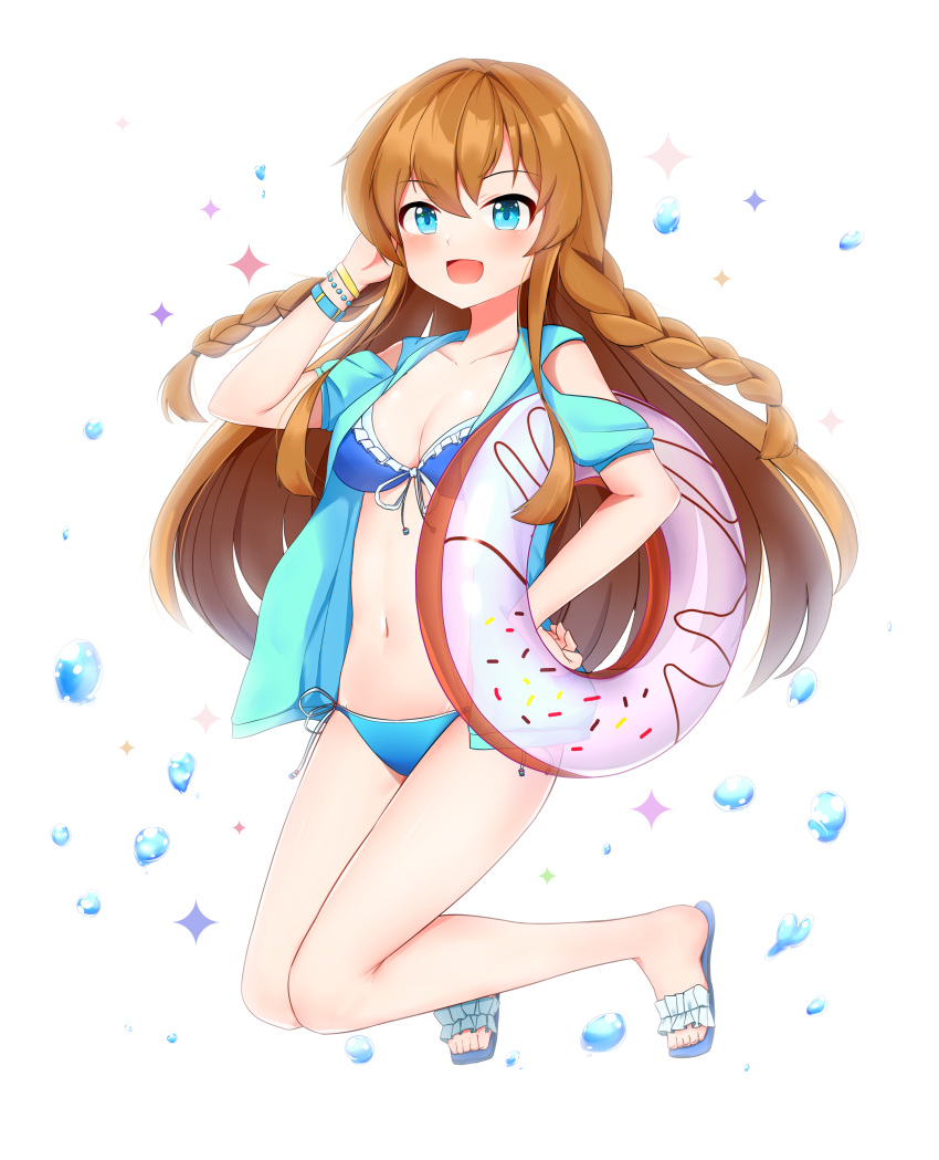 1girl, absurdres, aqua_eyes, bikini, blouse, blue_bikini, blue_blouse, bracelet, braid, brown_hair, doughnut, food, frilled_bikini, frills, highres, idolmaster, idolmaster_million_live!, innertube, jewelry, kousaka_umi, long_hair, mapyarong, side_braid, solo, swimsuit, twin_braids