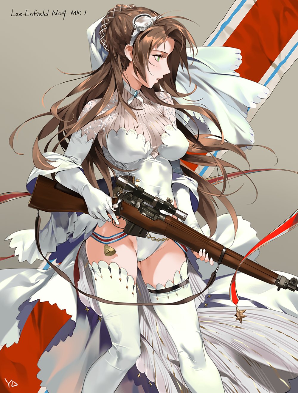 1girl, artist_signature, bolt_action, breasts, brown_hair, character_name, covered_navel, girls_frontline