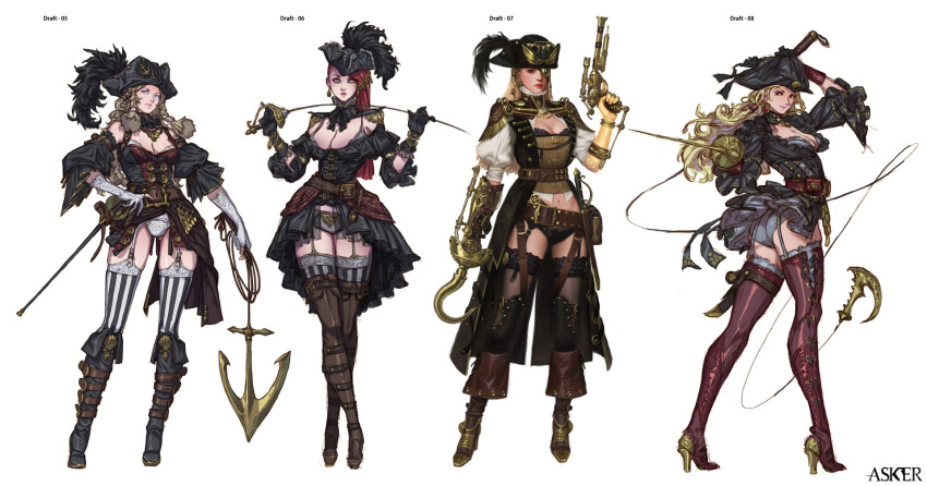 4girls, anchor, asker_online, ass, belt, black_gloves, black_skirt, blue_eyes