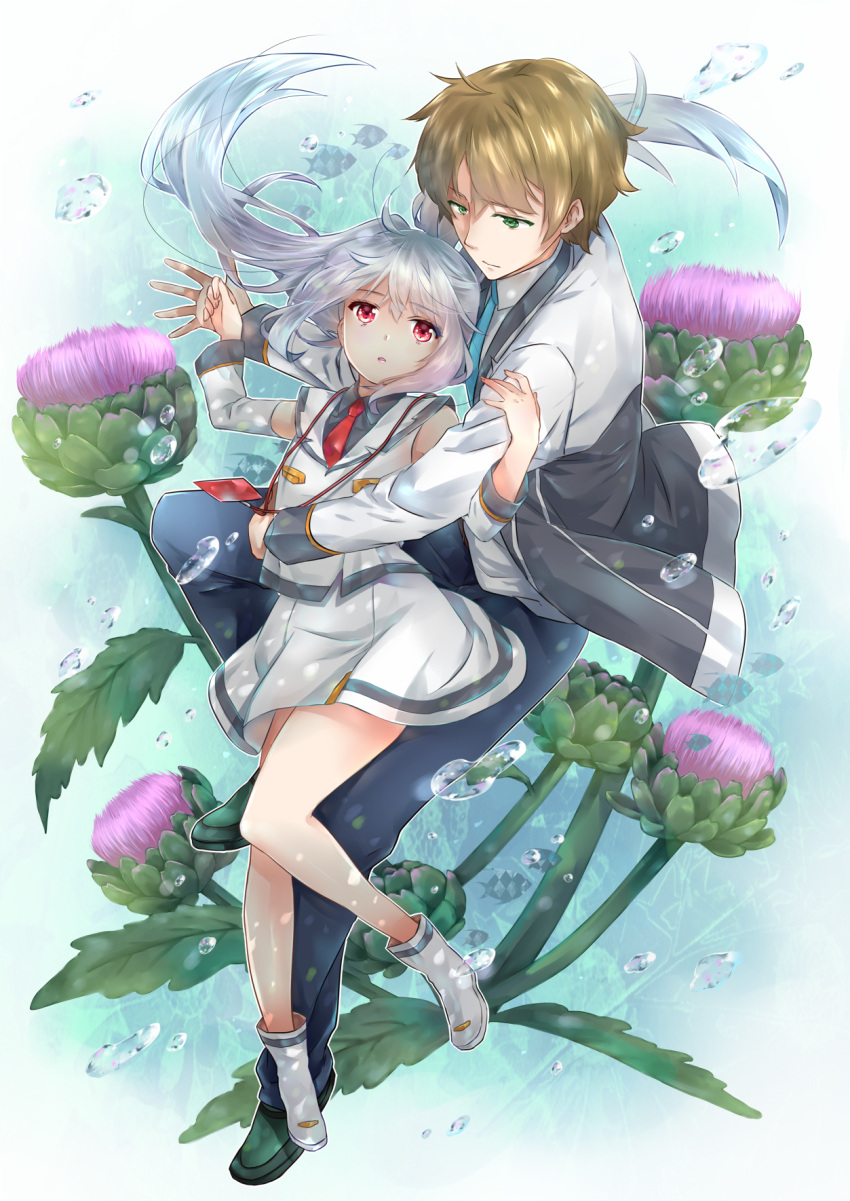 1boy, 1girl, black_pants, black_shirt, brown_hair, bubble, detached_sleeves, floating_hair