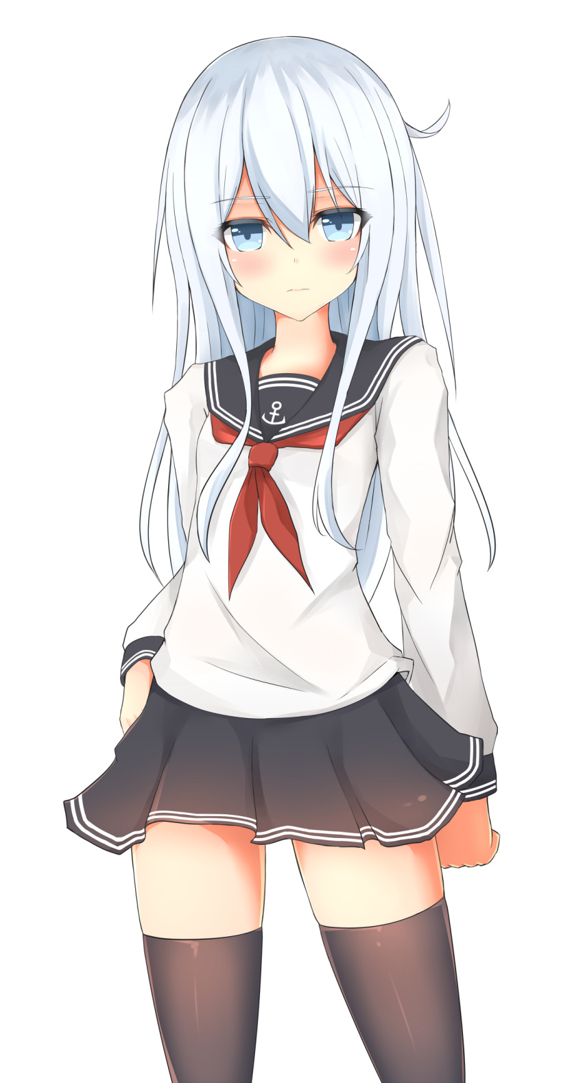 1girl, black_legwear, black_skirt, blue_eyes, blush, cowboy_shot, eyebrows_visible_through_hair, female