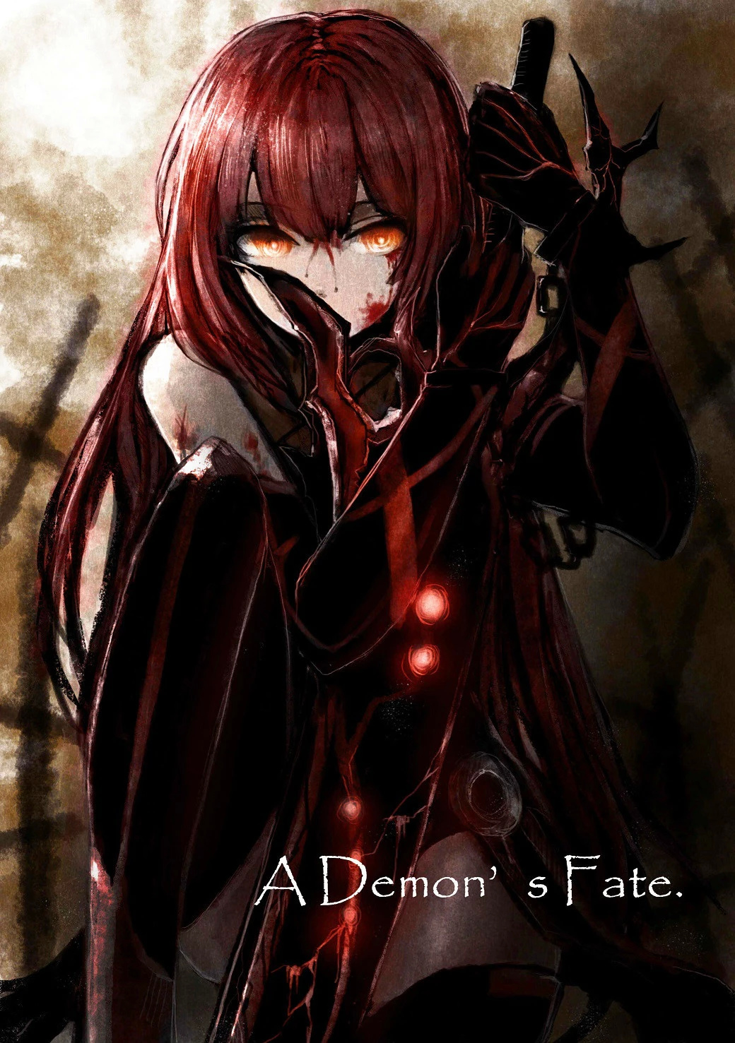 1girl, black_gloves, black_legwear, blood, blood_on_face, elbow_gloves, elsword, eyebrows_visible_through_hair, gloves, hair_between_eyes, highres, holding, holding_sword, holding_weapon, long_hair, looking_at_viewer, one_knee, orange_eyes, redhead, solo, sword, ten_(cherry61897), thigh-highs, very_long_hair, weapon