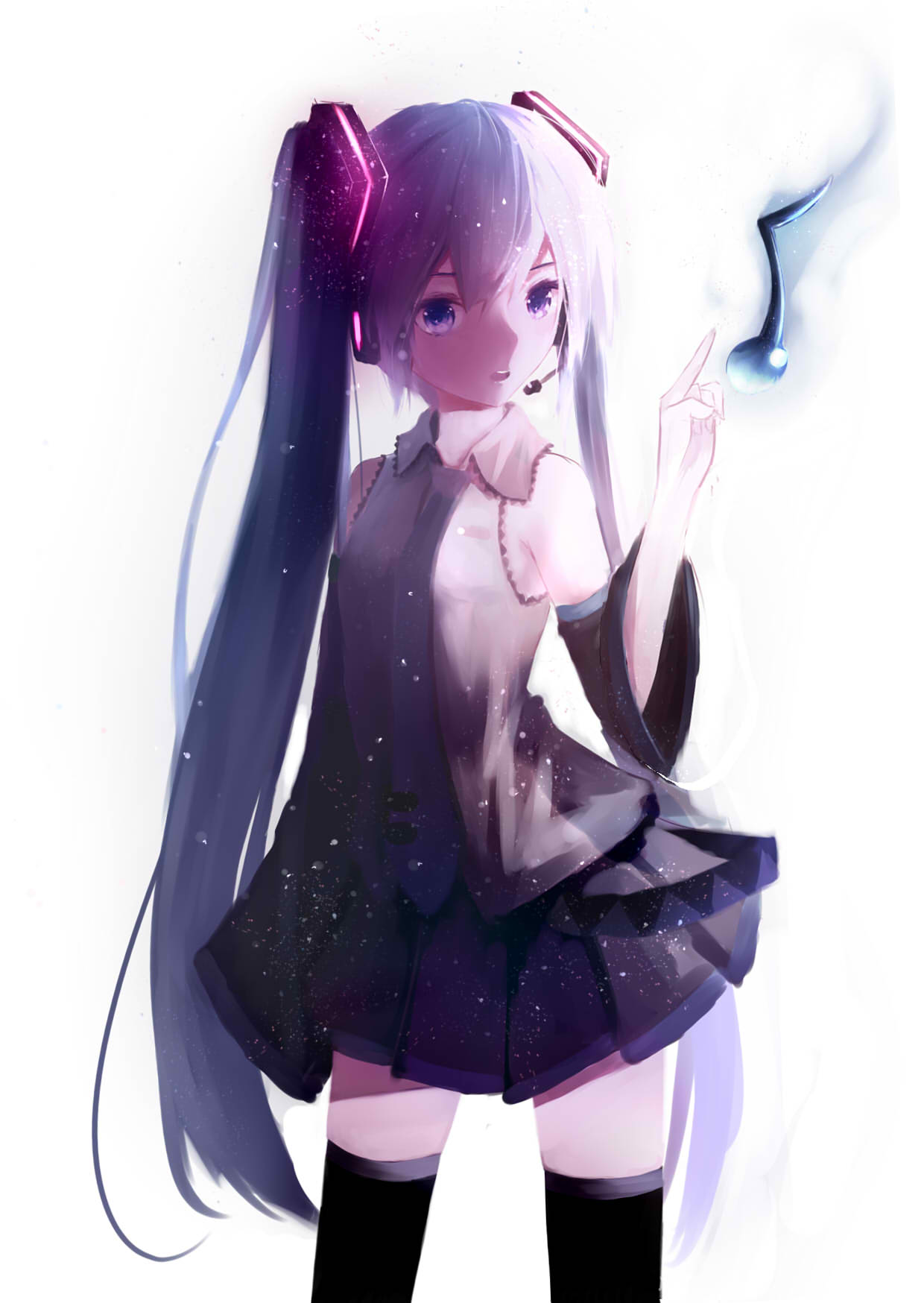 1girl, black_legwear, black_skirt, blue_eyes, blue_hair, blue_necktie, cowboy_shot, grey_shirt, hair_between_eyes, hair_ornament, hatsune_miku, headphones, highres, index_finger_raised, long_hair, microphones, miniskirt, musical_note, necktie, pleated_skirt, shirt, shy_(953416992), simple_background, skirt, sleeveless, sleeveless_shirt, solo, standing, thigh-highs, twintails, very_long_hair, vocaloid, white_background, zettai_ryouiki