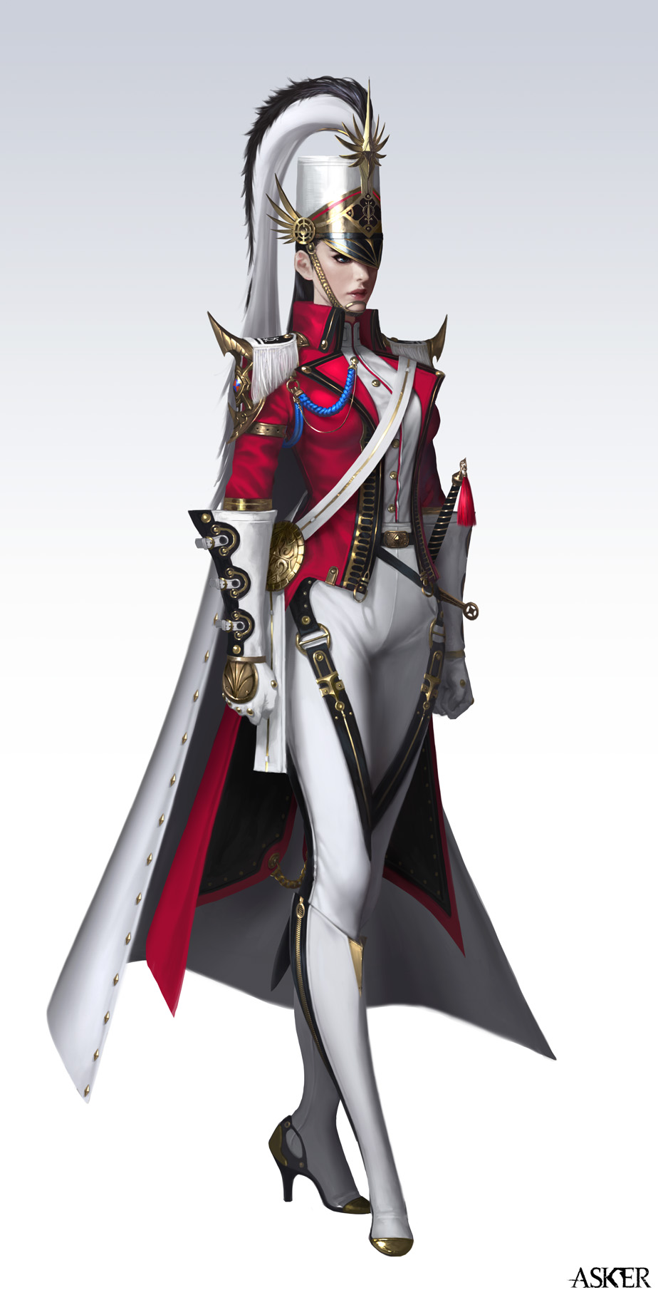 1girl, arms_at_sides, asker_online, black_hair, blue_eyes, boots, clenched_hands, copyright_name, epaulettes, full_body, gloves, hat_feather, headwear_request, high_heel_boots, high_heels, highres, long_hair, looking_at_viewer, military, military_uniform, official_art, pants, solo, standing, susupenders, uniform, virginia_knight_commander, white_boots, white_gloves, white_pants, woo_kim, zipper