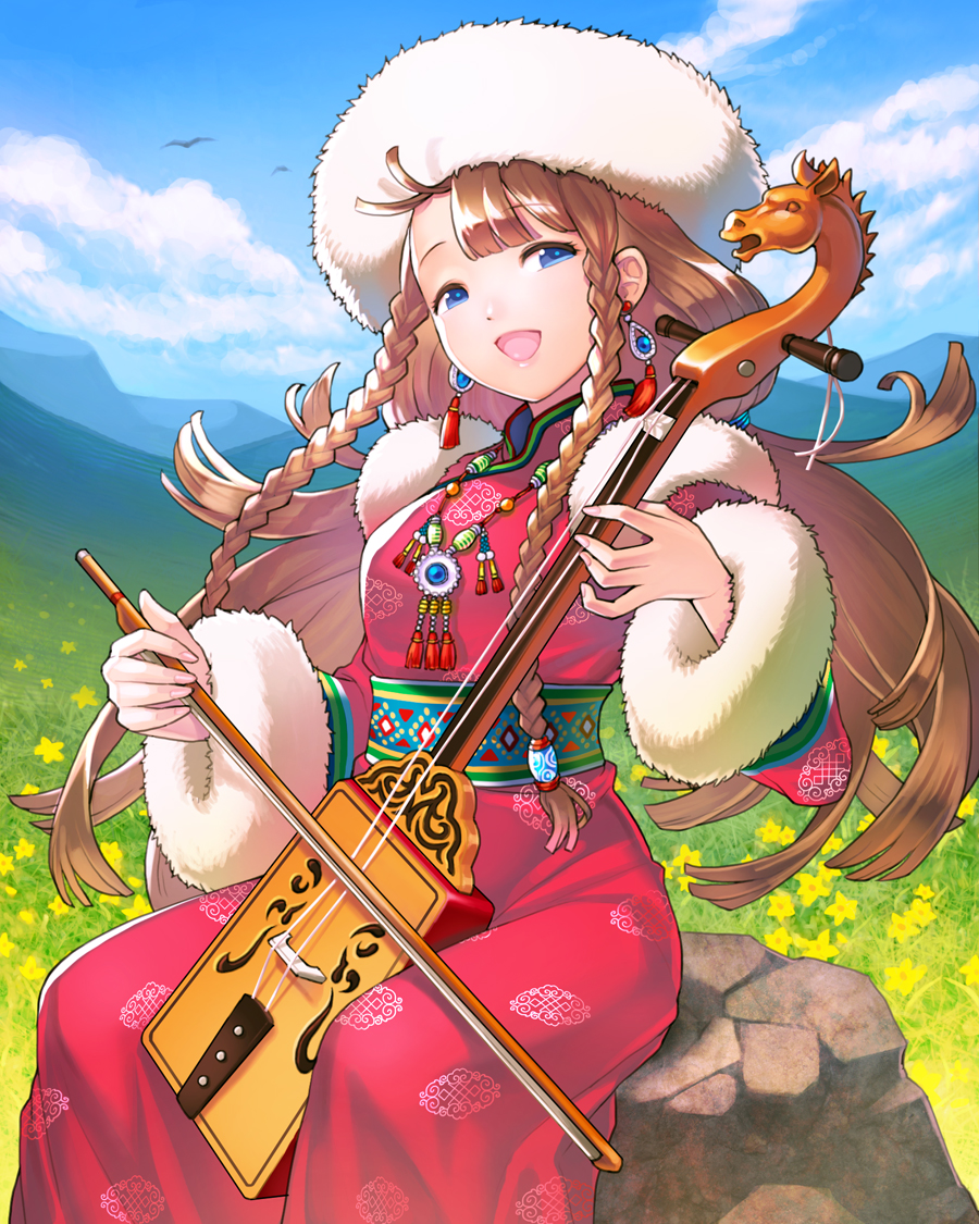 1girl, :d, bangs, bead_necklace, beads, bird, blue_eyes, bow_(instrument), braid, brown_hair, clouds, commentary_request, day, dress, earrings, eyebrows_visible_through_hair, fingernails, flower, fur-trimmed_sleeves, fur_hat, fur_trim, grass, hair_ornament, half-closed_eyes, hat, instrument, jewelry, jikuu_no_umi_no_historica, juuden, long_hair, long_sleeves, looking_at_viewer, morin_khuur, mountain, music, nail_polish, necklace, official_art, open_mouth, outdoors, pink_dress, pink_nails, playing_instrument, rock, side_braid, sitting, sky, smile, solo, tassel, traditional_clothes, twin_braids