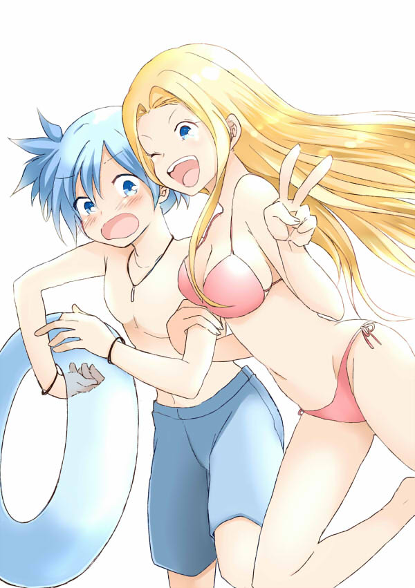 1boy, 1girl, ansatsu_kyoushitsu, arm_grab, bikini, blonde_hair, blue_eyes, blue_hair, blush, lifebuoy, looking_at_viewer, nakamura_rio, one_eye_closed, shiota_nagisa, span_(s88431ss), swimsuit, v