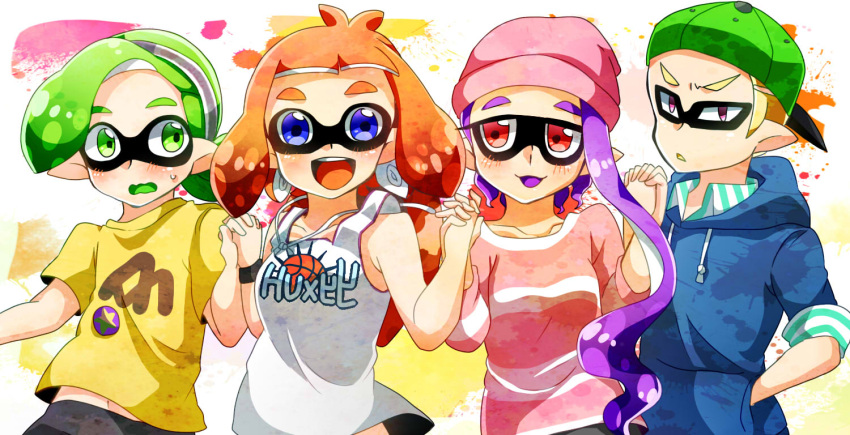 2boys, 2girls, :d, asymmetrical_hair, bangs, baseball_cap, beanie, blue_eyes, blunt_bangs, blush, camisole, d:<, domino_mask, green_eyes, green_hair, hair_ornament, hairband, hairclip, hand_holding, hand_in_pocket, hand_up, hands_up, hat, hood, hood_down, hoodie, inkling, interlocked_fingers, long_hair, long_sleeves, looking_at_another, looking_at_viewer, looking_to_the_side, manachiyuu, mask, midriff_peek, multiple_boys, multiple_girls, navel, open_mouth, orange_hair, paint_splatter, pointy_ears, purple_hair, red_eyes, shirt, short_hair, short_sleeves, smile, splatoon, splatoon_2, standing, stomach, striped, striped_sweater, suction_cups, sweatdrop, sweater, t-shirt, tentacle_hair, upper_body, wavy_mouth, wide-eyed, wristband