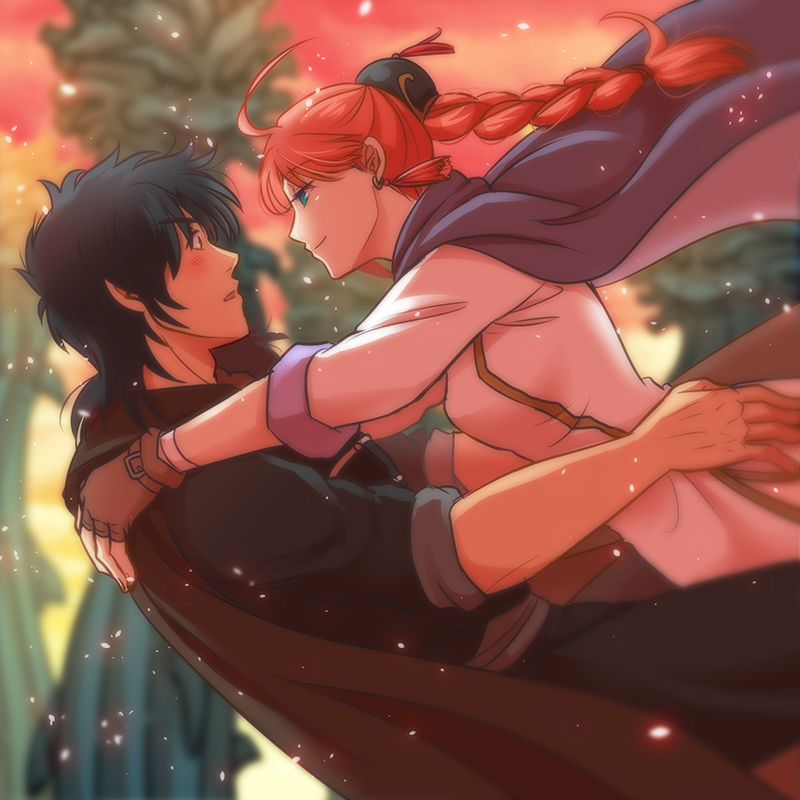 1boy, 1girl, black_hair, blue_eyes, blurry, blush, braid, brown_gloves