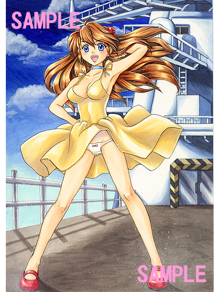 blue_eyes, boat, choker, dress, flight_deck, neon_genesis_evangelion, orange_hair, panties, pantyshot, pemoko, sample, sky, smile, souryuu_asuka_langley, traditional_media, underwear, watermark, white_panties, wind_lift, yellow_dress