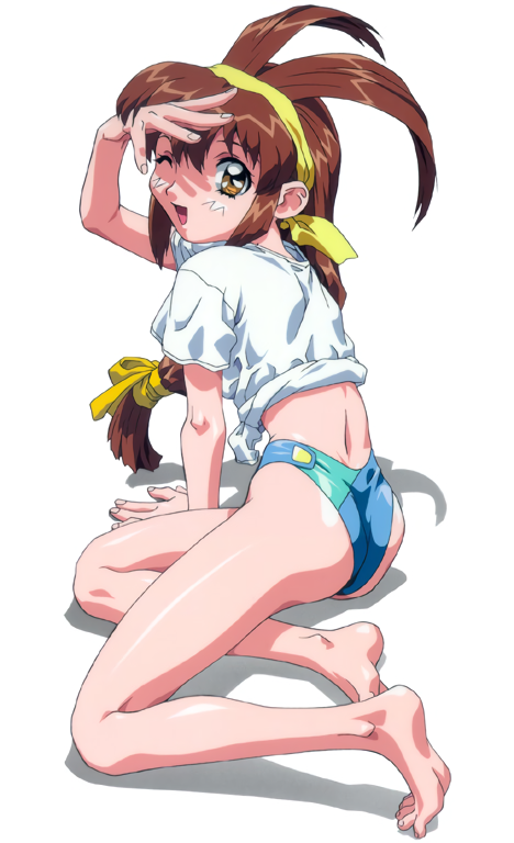 1girl, ass, barefoot, battle_athletes, brown_hair, feet, full_body, hairband, hand_over_face, kanzaki_akari, long_hair, looking_at_viewer, low-tied_long_hair, official_art, one_eye_closed, rolled, shiny, shiny_skin, shirt, short_sleeves, simple_background, soles, solo, t-shirt, toes, white_background, yellow_eyes