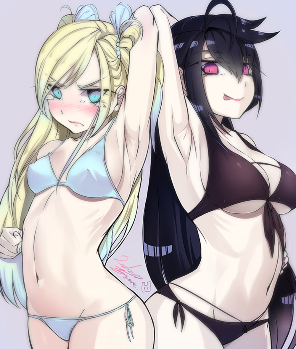 2girls, :p, arched_back, arm_up, armpits, bikini, black_bikini, black_hair