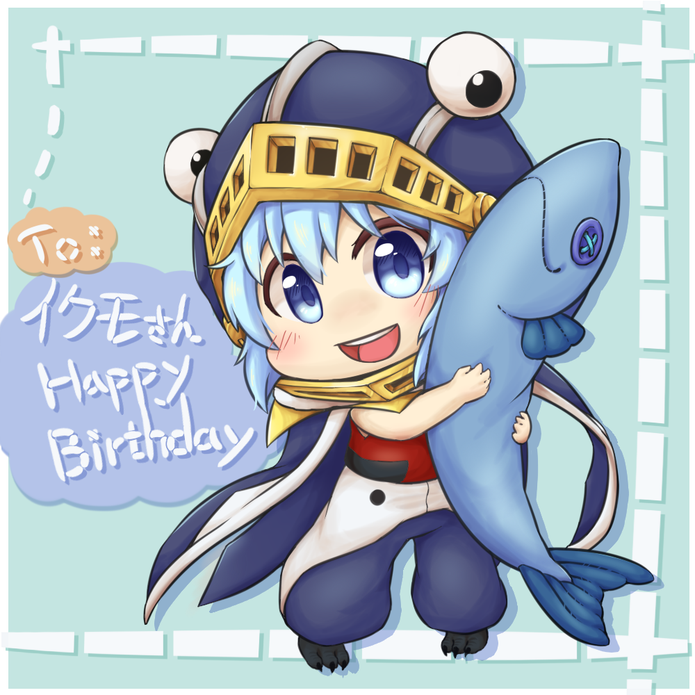 androgynous, animal_costume, cape, fish, food, grey_eyes, hat, len'en