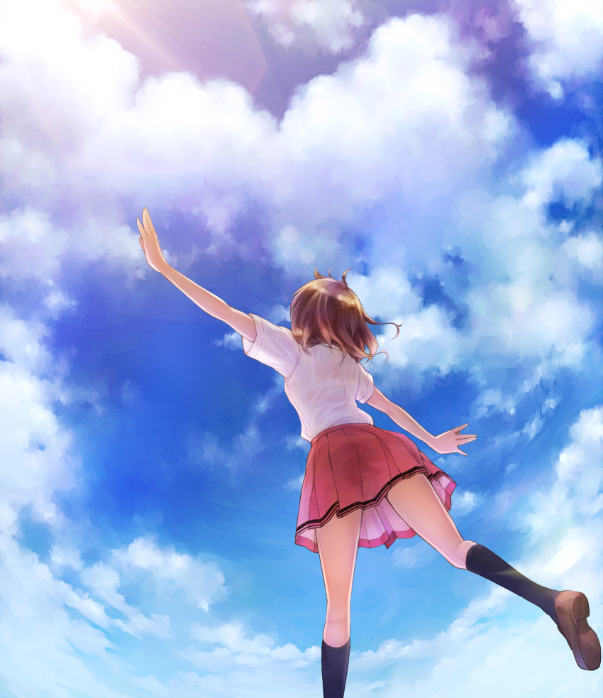 1girl, absurdres, black_legwear, blue_sky, clouds, day, from_behind, from_below