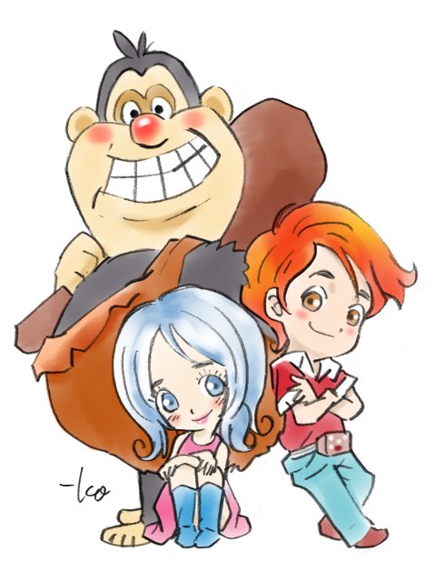 1girl, 2boys, artist_signature, belt, blue_boots, blue_eyes, blush, boots, brown_eyes, caveman, chibi, child, club, crossed_arms, denim, dress, fur, grin, jeans, knees_to_chest, knees_up, leaning_on_person, long_hair, looking_at_viewer, mampato, multiple_boys, ogu_&amp;_mampato, ogu_(mampato), pants, pink_dress, pink_lips, red_shirt, redhead, rena_(mampato), shirt, short_sleeves, sitting, size_difference, sketch, smile, takeuchi_kou, teeth, weapon, white_hair