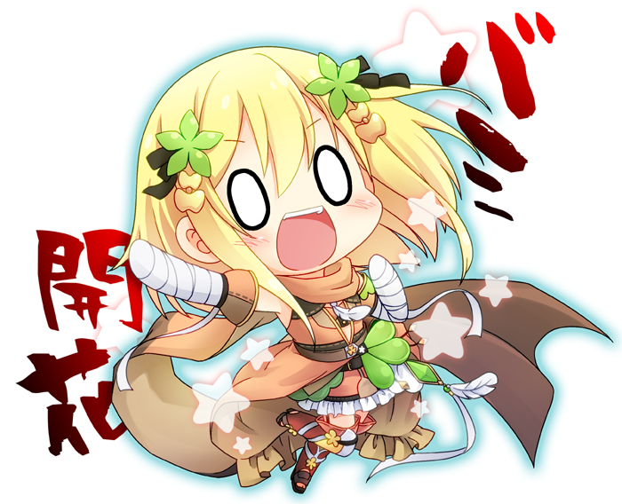 >:d, 0_0, 1girl, :d, bandaged_arms, blonde_hair, blush, chibi