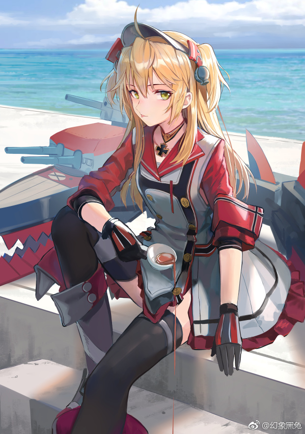 1girl, admiral_hipper_(bilan_hangxian), artist_request, bilan_hangxian, black_legwear, blonde_hair, clouds, cup