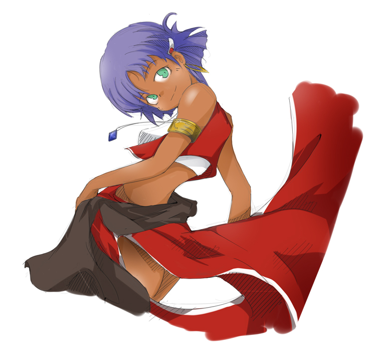 back, bad_id, bandeau, bare_shoulders, dark_skin, earrings, fushigi_no_umi_no_nadia, green_eyes
