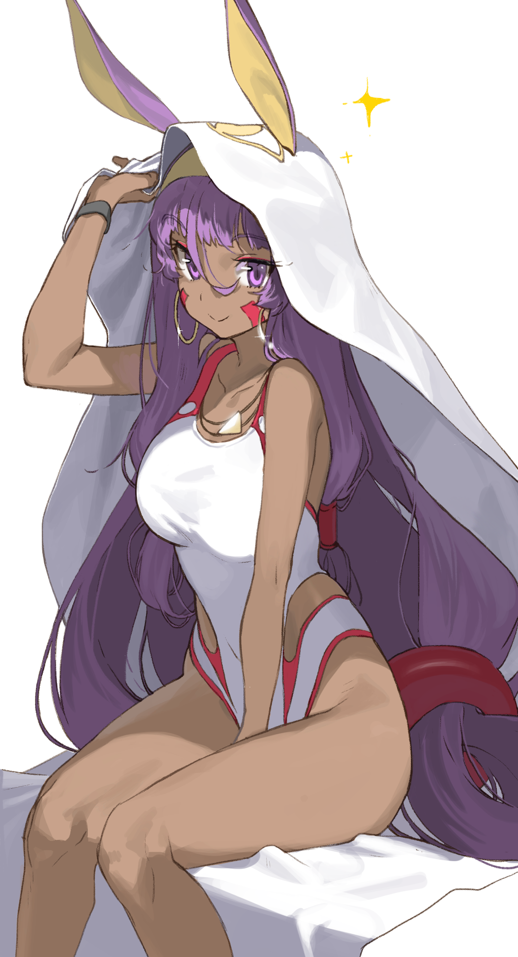1girl, animal_ears, arm_up, bangs, between_legs, breasts, closed_mouth, covered_navel
