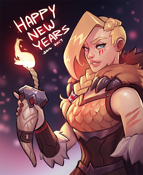 1girl, 2017, armor, blonde_hair, blue_eyes, braid, fire, fur_trim, happy_new_year, horn, lipstick, long_hair, makeup, nail_polish, new_year, paladins, scar, solo, teeth, tyra_(paladins), upper_body