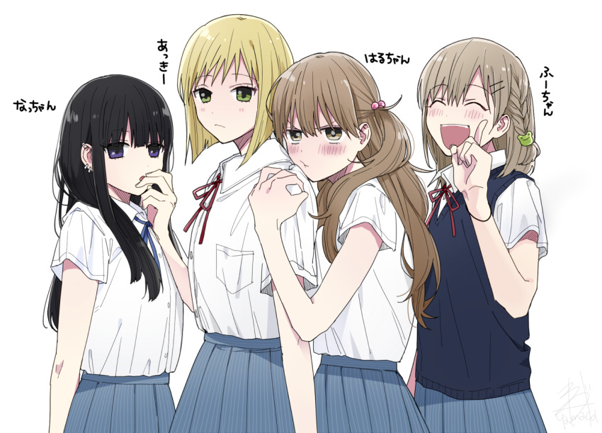 4girls, akiomi_(suzuki-san), black_hair, braid, brown_eyes, brown_hair, closed_eyes, female, fuyuki_(suzuki-san), genderswap, genderswap_(mtf), green_eyes, hair_bobbles, hair_ornament, hairclip, hakkyousuru_error, harumura_(suzuki-san), long_hair, multiple_girls, natsuhiko_(suzuki-san), school_uniform, short_hair, smile, suzuki-san, translated, violet_eyes, yamada_(onigori105)