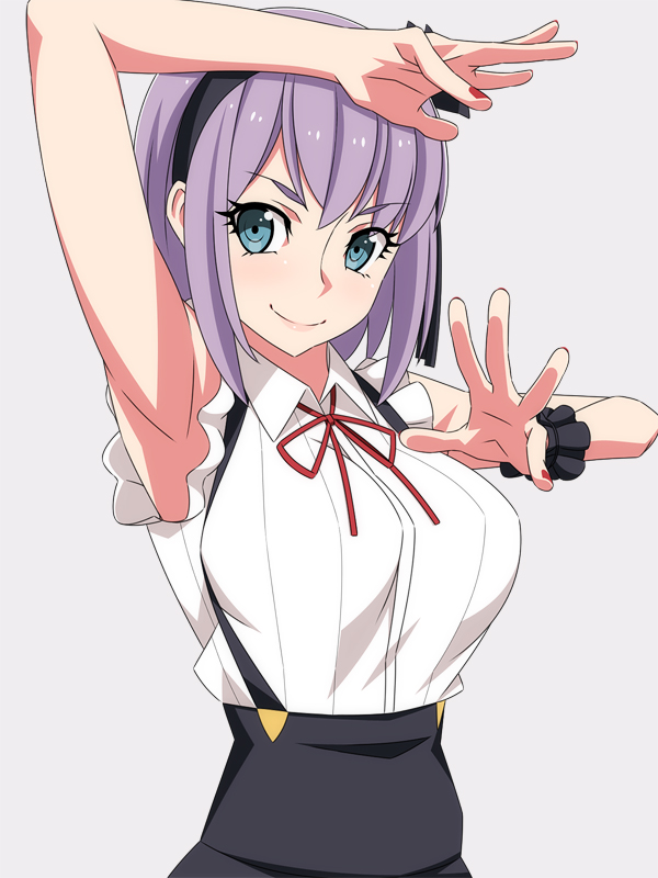 1girl, armpits, blue_eyes, breasts, dagashi_kashi, flower, hair_flower, hair_ornament, hairband, high-waist_skirt, large_breasts, looking_at_viewer, meme_attire, nail_polish, purple_hair, ra-pen, red_nails, ribbon, scrunchie, shidare_hotaru, short_hair, skirt, smile, solo, suspender_skirt, suspenders, upper_body, virgin_killer_outfit, wrist_scrunchie
