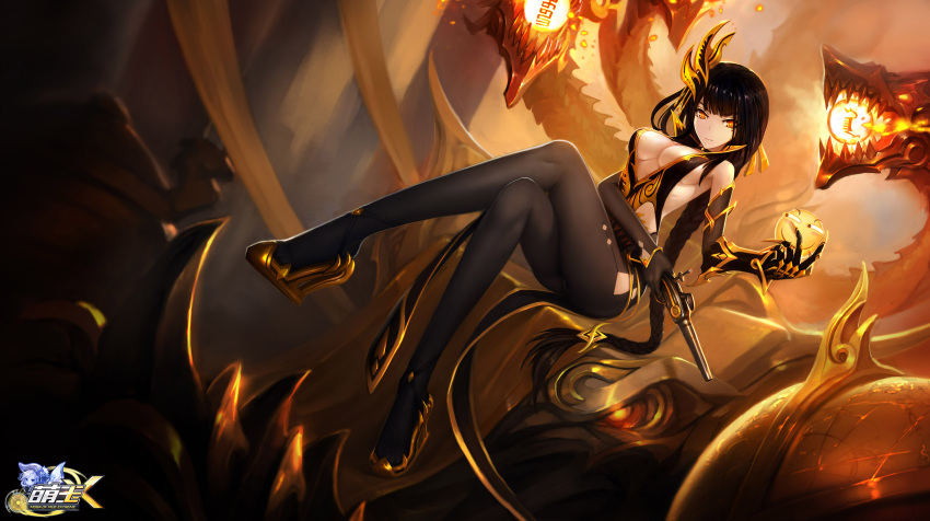 1girl, absurdres, black_hair, black_legwear, breasts, c:, cleavage, dragon, dress, elbow_gloves, gloves, gun, hanshu, highres, holding, kangxi_(moeoh_ex), large_breasts, legs_crossed, long_hair, looking_at_another, moeoh_ex, open-back_dress, orange_eyes, pantyhose, sitting, smiley_face, solo, weapon