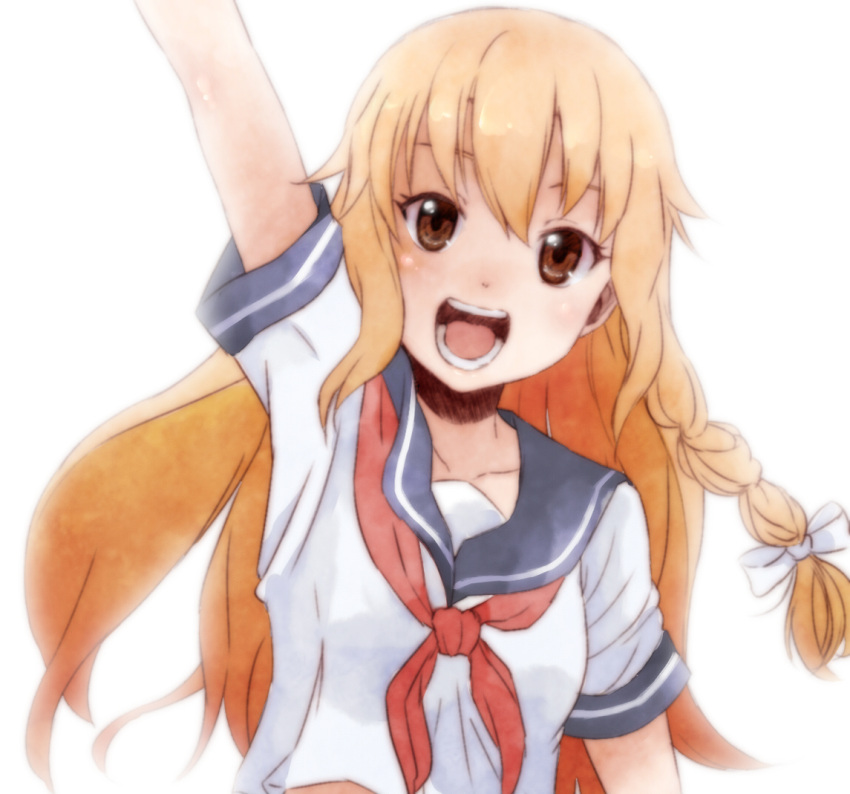 1girl, alternate_costume, arm_up, azusa_(cookie), blonde_hair, blush, bow, brown_eyes